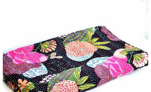 Amore Beaute Bed Covers - Black Floral Bedcover- Kantha Bedspread- Kantha Quilt in Floral Pattern - Handmade Light Quilt - 108`` X 90`` Bed Spread- Black Coverlet - Light Blanket- Handmade Hand Sewn Cotton Bedspread