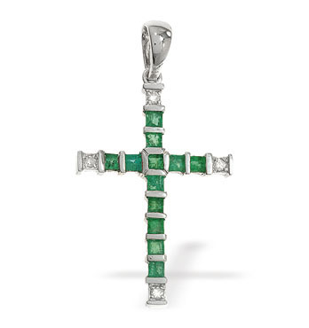 White Gold Diamond Emerald Cross & Chain (051)