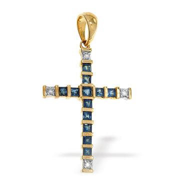 White Gold Diamond Sapphire Cross & Chain (046)