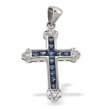 White Gold Diamond Sapphire Cross & Chain (181)