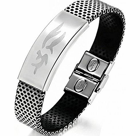 AnazoZ Mens Fashion Bracelet PU Leather Chain Stainless Steel Carved Sea Dolphins Black 19CM Long