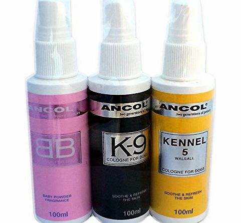 Ancol 3 Pack Dog Cologne Baby Powder / Ted Barker / Kennel No 5 Sooth amp; Refresh.