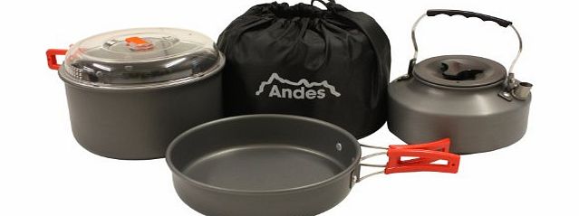 Andes Portable Camping Anodised Aluminium Cookware Set Pots Pans Kettle Kitchen