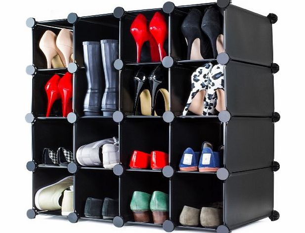 16 x Compartment Black Interlocking Shoe Organiser Rack With 16 Compartments