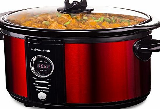 Andrew James 5 Litre Premium Digital Red Slow Cooker with Tempered Glass Lid, Removable Ceramic Inner Bowl And Three Temperature Settings, Includes 2 Year Manufacturers Warranty