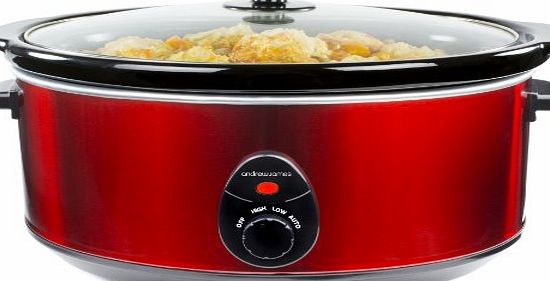 Andrew James 6.5 Litre Premium Red Slow Cooker with Tempered Glass Lid, Removable Ceramic Inner Bowl and Three Temperature Settings, Includes 2 Year Warranty