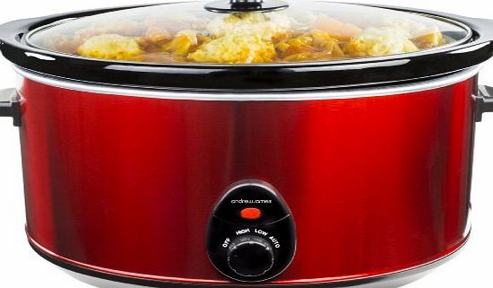 Andrew James 8 Litre Premium Red Slow Cooker with Tempered Glass Lid, Removable Ceramic Inner Bowl and Three Temperature Settings, Includes 2 Year Warranty