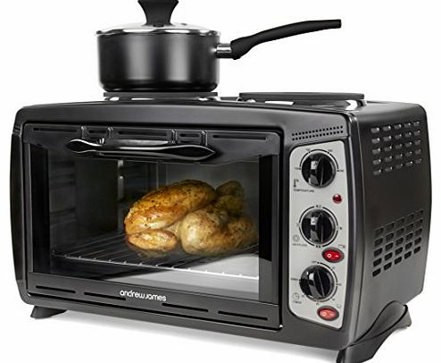 Andrew James Black 23 Litre Mini Oven And Grill With Double Hot Plates, Includes 2 Year Warranty