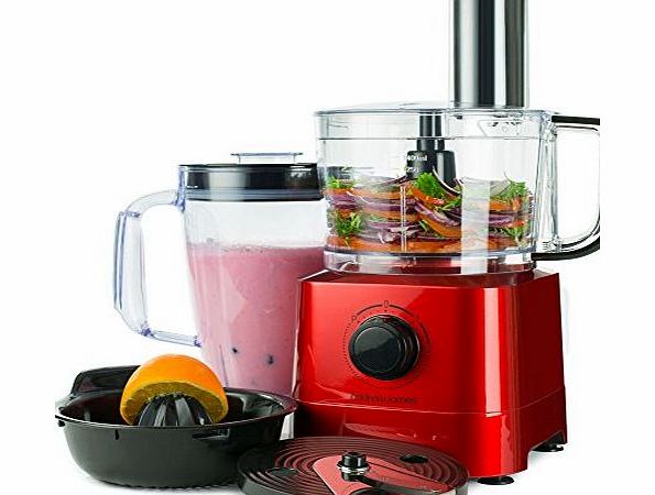 Andrew James Red Food Processor With 1.8L Blender Jug With Shredding, Slicing And French Fry Blades And Citrus Juicer Attachment