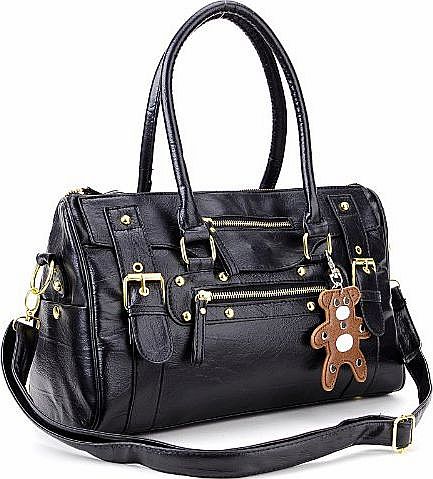 Ladies Womens Handbag Designer Satchel Collage Shoulder Bag Across Body duffle bear key ring accesssory black
