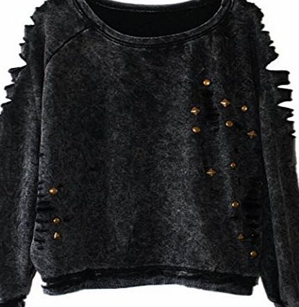 Anna-Kaci Black Fashion Women Rivet Punk Style Casual Pullover Sweater