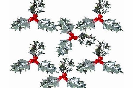 : Silver Triple Holly Cake Decoration (Set of 6)