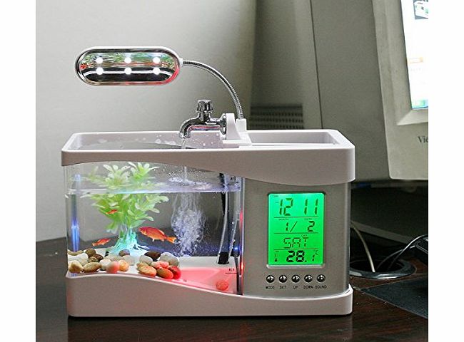 Mini USB LCD Desktop Lamp Light Fish Tank Aquarium LED Clock White with 6 modes of tranquil nature sounds, fish tank ornaments.