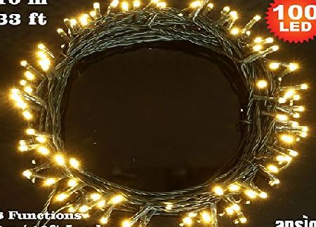 ANSIO Fairy Lights 100 LED Warm White Indoor amp; Outdoor String Lights 8 Functions 10m/33ft Lit Length with 3m/10ft Lead Wire - Mains Operated LED Fairy Lights - Ideal for Christmas Tree, Festive, Wedding