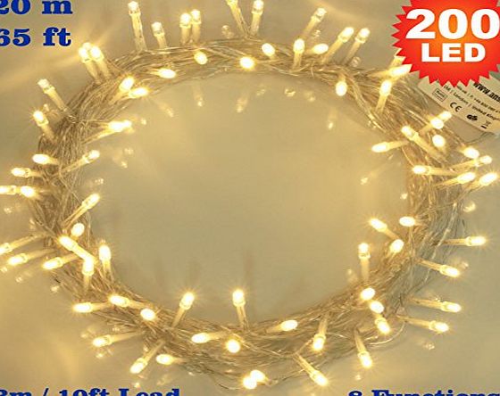 ANSIO Fairy Lights 200 LED Warm White Christmas Tree Lights Indoor String Lights - 8 Functions 20m/65ft Lit Length with 3m/10ft Lead Wire Power Mains Operated Ideal for Christmas Tree Festive Wedding Birthd