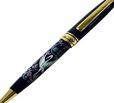 Antique Alive Pen, Pen Holder Mother of Pearl Crane Bird Design Handmade Retractable Executive Gift Deluxe Rollerball Medium Point German Black Ink Ballpoint Pen