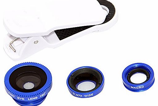 3-in-1 Universal Clip 180 Degree Fish Eye +0.67x Wide Angle & Macro Lens for iPhone/iPad/Smartphone - Blue