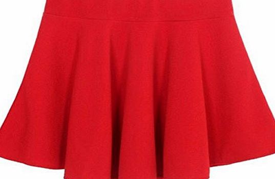 AQURE Womens Stretch Waist Pleated Plain Skater Flared Mini Skirt Red