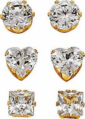 9ct Gold Plated Silver CZ Stud Earrings - Set of 3