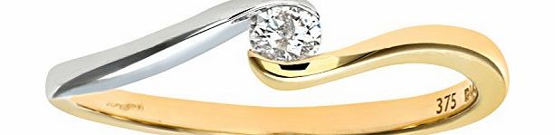 9ct Two-Colour Gold Diamond Engagement Ring with Round Brilliant Diamond Solitaire, Twist Ring, 0.10 Carat Diamond Weight