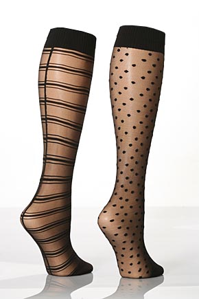 Aristoc Ladies 2 Pair Aristoc Patterned Knee Highs 1 Striped 1 Spot In 2 Colours Black