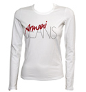 Armani Ladies Armani White Long Sleeve T-Shirt with Velour Logo