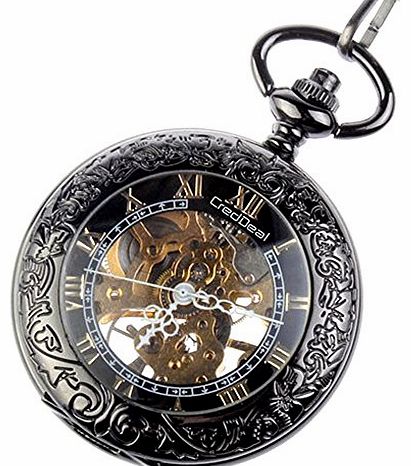 Armel Steampunk Pocket Watch Pendant Roman Number Half Hunter - Antiqued Silver Black With Gift Box PW039