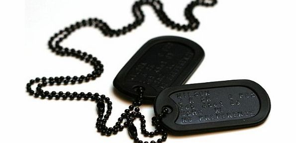 Army Dog Tags Special forces style black dog tags with chains and silencers, personalised with your information