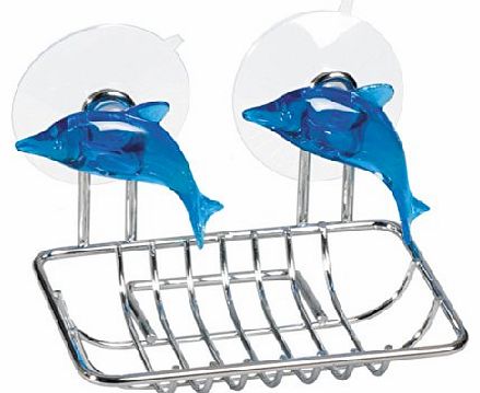 Art Moon Soap Dish Blue Dolphin Chromed Steel Plastic 2 Suction Cups