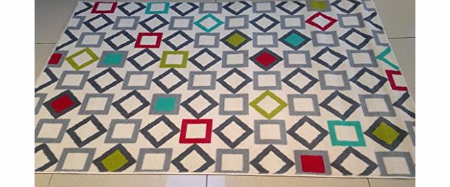 RETRO Geometric Rug-Grey,Silver,Red,Green,White amp;Teal Multi-coloured Rhombus/Square patterned Rug/120x170cm