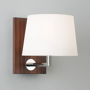Astro Lighting Forli Modern Walnut And Chrome Wall Light With A White Glass Shade