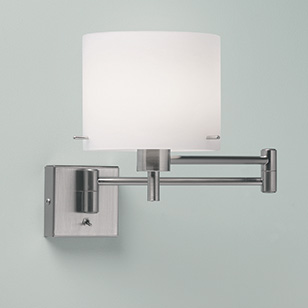 Astro Lighting Montreal Modern Wall Light In Satin Chrome With A Swing Arm And A White Glass Shade