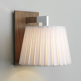 Astro Lighting Nola Modern Wall Light With A Walnut Back Plate And A Pleated White Fabric Shade