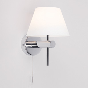 Astro Lighting Roma Bathroom Chrome Wall Light With White Opaque Glass Shade And Pull Cord Switch