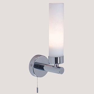 Astro Lighting Tube Bathroom Chrome Wall Light With White Opaque Glass Tube Shade And Pull Cord Switch