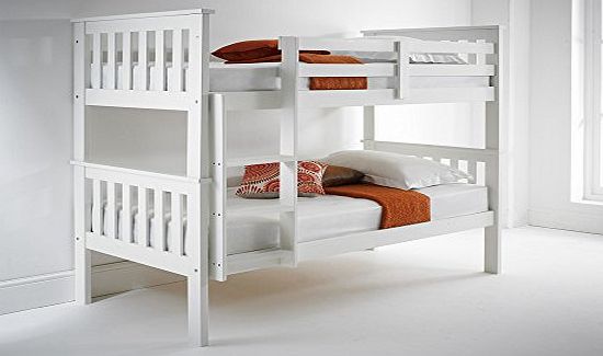 Atlantis PINEWOOD White Bunk Bed, Two Sleeper, Quality Solid Pine Wood BUNK BED with 2 POCKET SPRUNG MATTRESSES