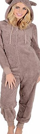 Ladies Brown Snuggle Fleece All In One Piece Pyjamas PJs Onesie With Hood - S