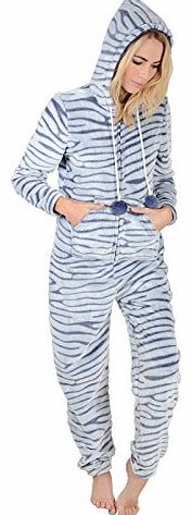 Ladies Embossed Grey Fleece All In One Pyjamas Sleepsuit Onesie Nightwear - L