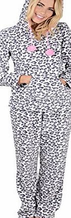Autumn Faith Ladies Leopard Animal Print Hooded Fleece Pyjama Set PJs Top amp; Bottoms - Large