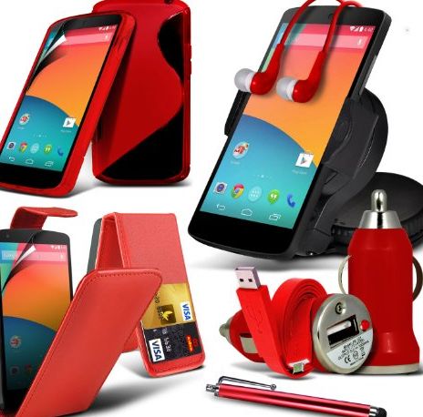 Aventus (Red) Giant 8 IN 1 Accessory Pack For LG Google Nexus 5 Faux Leather 3 Credit / Debit Card Slots Leather flip Case Skin Cover   Screen Protector Guard   S-Line Wave Gel Case   360 Rotating Car Holder 