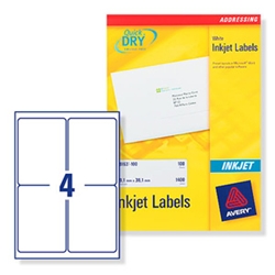 Avery Quick DRY Inkjet Labels. 4 per sheet. 100