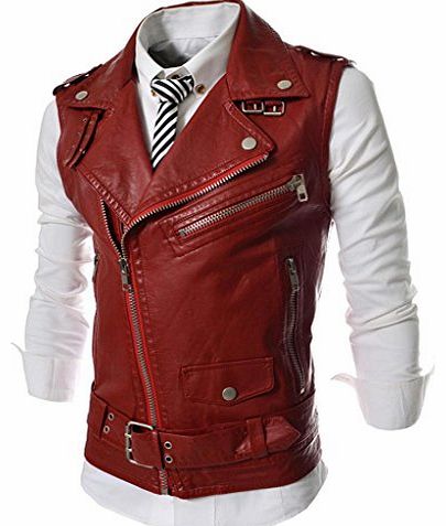 awhao Mens PU Leather Plain Motorcycle Biker Waistcoat Vest in Black/Red/White