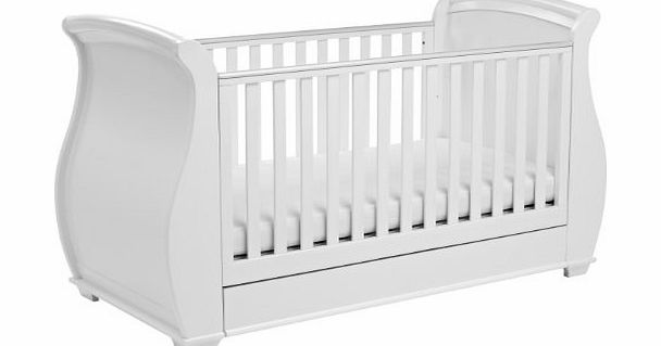 Babymore Bel Sleigh Cot Bed Dropside With Drawer (White Finish)   FOAM MATTRESS