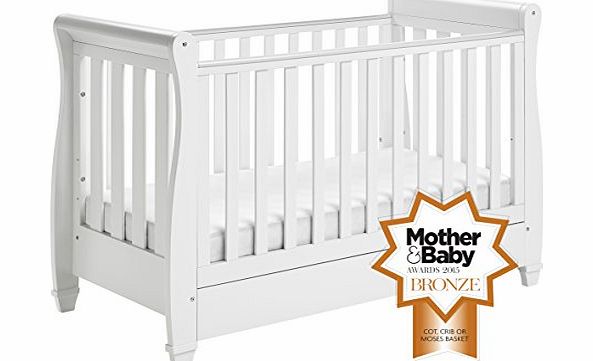 Eva Sleigh Cot Bed Dropside with Drawer (White Finish) + FOAM MATTRESS