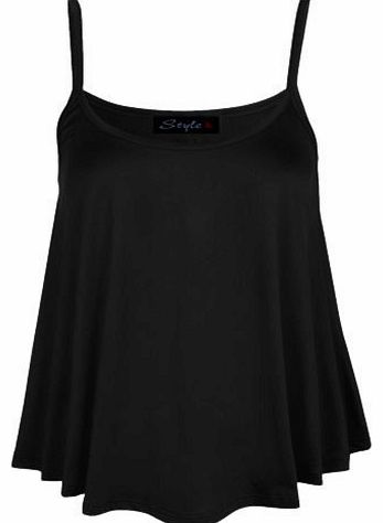 Baleza Women Ladies Camisole Thin Strap Stretchy Basic Plain Flared Swing Vest Top (XXL-UK(20-22), Black)