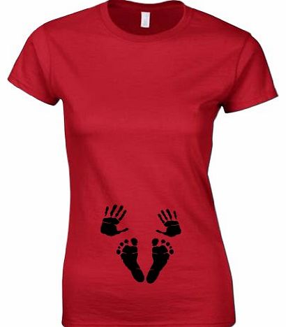 Womens Baby Hand And Footprints Funny Pregnancy T Shirt Red L