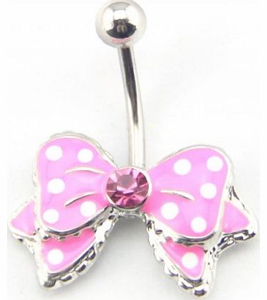 14G Pink Bow Bowknot Enamel Belly Ring Navel Button Bar Pink