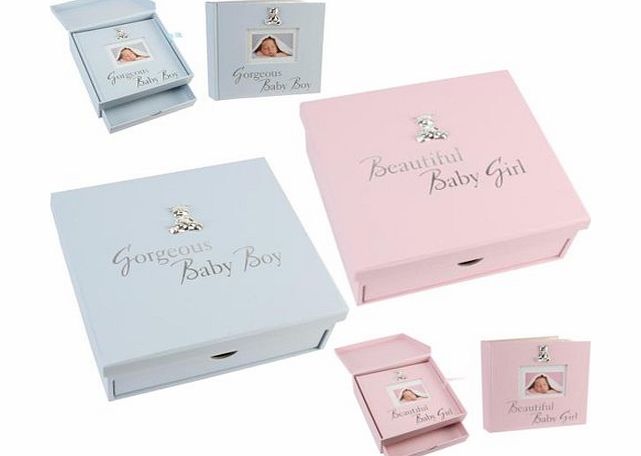 BARGAINS-GALORE KEEPSAKE BOX WITH DRAWER amp; PHOTO ALBUM PINK BLUE NEW BABY BOY GIRL GIFT SET KIDS (blue)