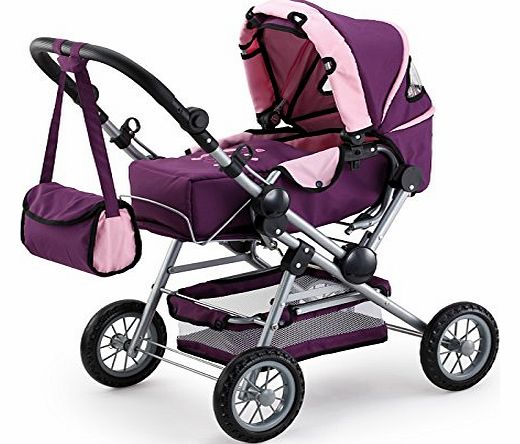 66 - 84 cm Dolls Pram/ Pushchair Mega Combi with Bag and Removable Carrycot, Purple/Pink