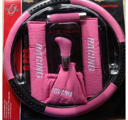 Pink Car Leather Look Set Steering Wheel Cover Gear Knob Handbrake Safety Belt Pads